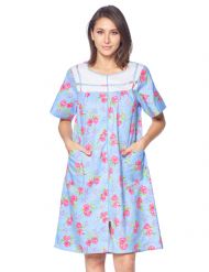Casual Nights Women's Zip Front Woven House Dress Short Sleeves Housecoat Duster Lounger Sleep Gown - Floral Blue