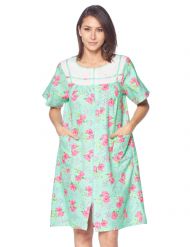 Casual Nights Women's Zip Front Woven House Dress Short Sleeves Housecoat Duster Lounger Sleep Gown - Floral Green