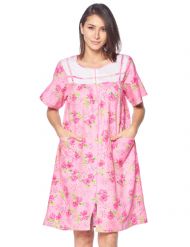 Casual Nights Women's Zip Front Woven House Dress Short Sleeves Housecoat Duster Lounger Sleep Gown - Floral Pink