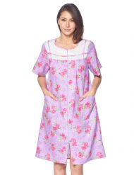 Casual Nights Women's Zip Front Woven House Dress Short Sleeves Housecoat Duster Lounger Sleep Gown - Floral Lilac Purple