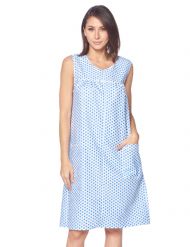 Casual Nights Women's Zipper Front House Dress Sleeveless Seersucker Housecoat Duster Lounger - Polka Dots Blue