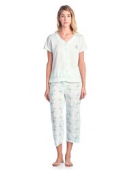 Casual Nights Women's Pointelle Short Sleeve Floral Capri Pajama Set - Green