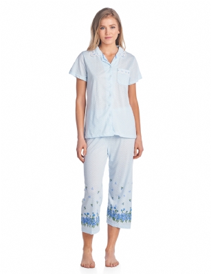 Casual Nights Lace Trim Women's Short Sleeve Capri Pajama Set - Dot Blue - Size recommendation: Size Medium (4-6) Large (8-10) X-Large (12-14) XX-Large (16-18), Order one size up For a more Relaxed FitHit the sack in total comfort with these Soft and lightweight Cotton Blend Pajamas in a fun dot patterns Capri Length Pants with an elastic drawstring waist for easy pull on, pant inseam length approximately 21", Shirt Features: Short Sleeves, Notch collar, handy patch pocket, Button down closure, lace and ribbon details for the extra feminine touch. A comfortable relaxed fit perfect for sleeping or lounging around.