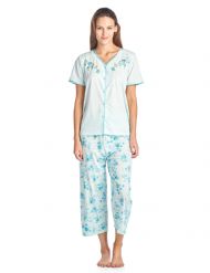 Casual Nights Women's Short Sleeve Floral Satin Lace Capri Pajama Set - Green