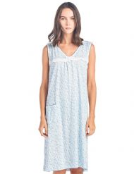 Casual Nights Women's Cotton Sleeveless Nightgown Sleep Shirt Chemise - White Blue