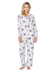 Casual Nights Women's Flannel Long Sleeve Button Down Pajama Set - White Purple