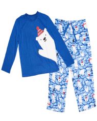Casual Nights Junior Holiday 2 Piece Jersey Top and Micro Fleece Pants Pjs Set - Blue Polar Bear