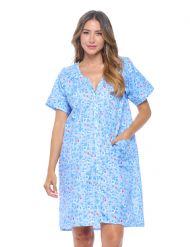 Casual Nights Women's Snap front House Dress Short Sleeve Woven Duster Housecoat Lounger Sleep Dress - Garden Blue