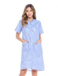 Casual Nights Women's Snap front House Dress Short Sleeve Woven Duster Housecoat Lounger Sleep Dress - Striped Blue