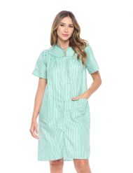 Casual Nights Women's Snap front House Dress Short Sleeve Woven Duster Housecoat Lounger Sleep Dress - Striped Green