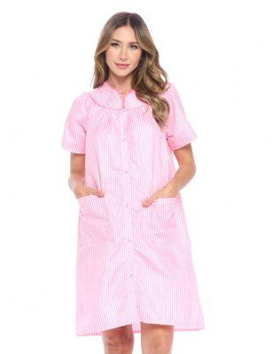 Casual Nights Women's Snap front House Dress Short Sleeve Woven Duster Housecoat Lounger Sleep Dress - Striped Pink - This lightweight Cute and comfortable House coat with front Snaps closure Duster for ladies, from the Casual Nights Loungewear and Sleepwear robes Collection, Thin and light house robe, offered in beautiful feminine floral print and striped pattern designs. this easy to wear bathrobe is made of 55% Cotton, 45% Poly woven fabric, perfect for spring, summer and all year round! The sleep dresscoat Features: short sleeves gown with full Snaps front closure dresses for easy wearing and easy slipping on/off, flattering V-neck neckline, with matching trim, 2 roomy front patch hand pockets, knee length approx. 40 Shoulder to hem. This lounge wear muumuu dress has a relaxed comfortable fit and comes in regular and plus sizes S, M, L, XL, 2X, 3X, 4X. All year winter and summer versatile multi uses, throw over your clothes as house robe while cleaning, washing and cooking, wear around the house as relaxed home day waltz dress, a nightgown to sleep in the spring and hot summer nights as a sleepshirt dress, This sleep robe gown is perfect to use for maternity, labor/delivery, hospital gown. Makes a perfect Mothers Day gift for your loved ones, mom, older women or elderly grandmother. Even beautiful enough for outside shopping and walking, comfortable enough for everyday use around the house. Please use our size chart to determine which size will fit you best, if your measurements fall between two sizes, we recommend ordering a larger size as most people prefer their sleepwear a little looser. Small: Measures US Size 4-6, Chests/Bust 34"-35" Medium: Measures US Size 8-10, Chests/Bust 36"-37" Large: Measures US Size 1214, Chests/Bust 38"-40" X-Large: Measures US Size 16-18, Chests/Bust 41"-43" XX-Large: Measures US Size 18W-20W, Chests/Bust 46-48" 3X-Large: Measures US Size 22W-24W, Chests/Bust 50-52" 4X-Large: Measures US Size 26-28, Chests/Bust 54-56" 