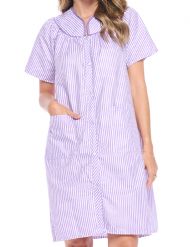 Casual Nights Women's Snap front House Dress Short Sleeve Woven Duster Housecoat Lounger Sleep Dress - Striped Purple