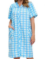 Casual Nights Women's Snap Front House Dress Short Sleeve Seersucker Duster Housecoat Lounger - Blue Plaid