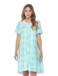 Casual Nights Women's Snap Front House Dress Short Sleeve Embroidered Seersucker Duster Housecoat Lounger - Plaid Green