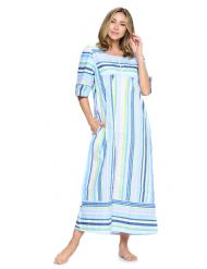 Casual Nights Women's Zip Front Woven House Dress 3/4 Sleeves Housecoat Long Duster Lounger - Blue