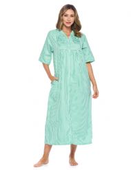 Casual Nights Women's Zip Front Seersucker House Dress 3/4 Sleeves Housecoat Long Duster Lounger - Striped Mint
