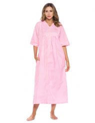 Casual Nights Women's Zip Front Seersucker House Dress 3/4 Sleeves Housecoat Long Duster Lounger - Striped Pink