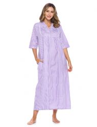 Casual Nights Women's Zip Front Seersucker House Dress 3/4 Sleeves Housecoat Long Duster Lounger - Striped Purple