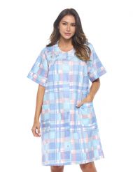 Casual Nights Women's Snap Front House Dress Short Sleeve Seersucker Duster Housecoat Lounger - Plaid Blue