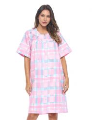 Casual Nights Women's Snap Front House Dress Short Sleeve Seersucker Duster Housecoat Lounger - Plaid Pink