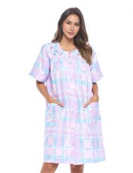 Casual Nights Women's Snap Front House Dress Short Sleeve Seersucker Duster Housecoat Lounger - Plaid Purple