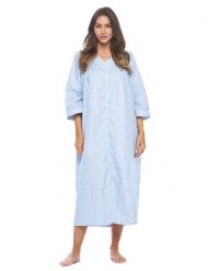 Casual Nights Women's Zip Front Seersucker House Dress 3/4 Sleeves Housecoat Long Duster Lounger - Gingham Blue