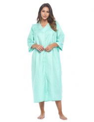 Casual Nights Women's Zip Front Seersucker House Dress 3/4 Sleeves Housecoat Long Duster Lounger - Gingham Green