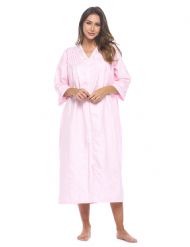 Casual Nights Women's Zip Front Seersucker House Dress 3/4 Sleeves Housecoat Long Duster Lounger - Gingham Pink