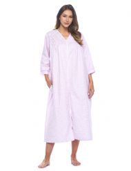 Casual Nights Women's Zip Front Seersucker House Dress 3/4 Sleeves Housecoat Long Duster Lounger - Gingham Purple