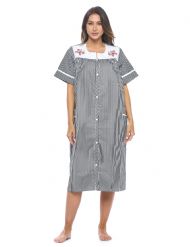 Casual Nights Women's Snap - Front House Dress Short Sleeve Woven Housecoat Duster Lounger Robe with Pockets - Black Stripe