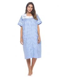 Casual Nights Women's Snap - Front House Dress Short Sleeve Woven Housecoat Duster Lounger Robe with Pockets - Blue Stripe