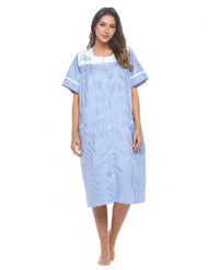 Casual Nights Women's Zip Front Seersucker House Dress 3/4 Sleeves Housecoat Long Duster Lounger - Striped Blue