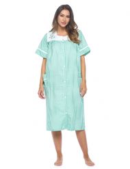 Casual Nights Women's Snap - Front House Dress Short Sleeve Woven Housecoat Duster Lounger Robe with Pockets - Green Stripe