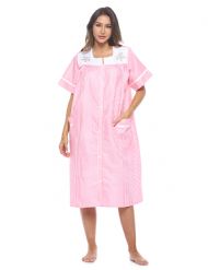 Casual Nights Women's Snap - Front House Dress Short Sleeve Woven Housecoat Duster Lounger Robe with Pockets - Pink Stripe
