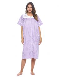Casual Nights Women's Snap - Front House Dress Short Sleeve Woven Housecoat Duster Lounger Robe with Pockets - Purple Stripe