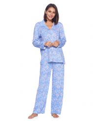 Casual Nights Women's Long Sleeve Rayon Button Down Pajama Set - Blue Paisley