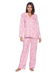 Casual Nights Women's Long Sleeve Rayon Button Down Pajama Set - Pink Paisley