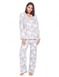 Casual Nights Women's Long Sleeve Rayon Button Down Pajama Set - Grey Flower