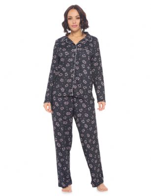Casual Nights Women's Rayon Printed Long Sleeve Soft Pajama Set - Black Dot Floral - Soft and lightweight Rayon Knit Pajamas in a fun prints and patterns, coziest pajamas you'll ever own. Features Button down closure with notch collar, matching easy pull on pajama pants with elastic waistband for added comfort, These pj's offer comfortable straight fit perfect for sleeping or curling up on the couch to watch a movie.Please use our size chart to determine which size will fit you best, if your measurements fall between two sizes we recommend ordering a larger size as most people prefer their sleepwear a little looser.Medium: Measures US Size 8-10, Chests/Bust 3''-38" Large: Measures US Size 12-14, Chests/Bust 38.5"-40"X-Large: Measures US Size 16-18, Chests/Bust 41.5"-42XX-Large: Measures US Size 18-20, Chests/Bust 43"-45" 