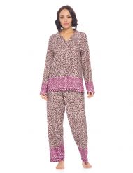 Casual Nights Women's Rayon Printed Long Sleeve Soft Pajama Set - Pink Leopard