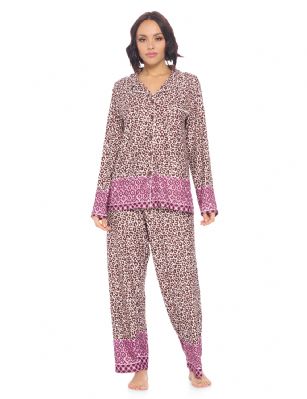 Casual Nights Women's Rayon Printed Long Sleeve Soft Pajama Set - Pink Leopard - Soft and lightweight Rayon Knit Pajamas in a fun prints and patterns, coziest pajamas you'll ever own. Features Button down closure with notch collar, matching easy pull on pajama pants with elastic waistband for added comfort, These pj's offer comfortable straight fit perfect for sleeping or curling up on the couch to watch a movie.Please use our size chart to determine which size will fit you best, if your measurements fall between two sizes we recommend ordering a larger size as most people prefer their sleepwear a little looser.Medium: Measures US Size 8-10, Chests/Bust 3''-38" Large: Measures US Size 12-14, Chests/Bust 38.5"-40"X-Large: Measures US Size 16-18, Chests/Bust 41.5"-42XX-Large: Measures US Size 18-20, Chests/Bust 43"-45" 