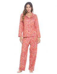 Casual Nights Women's Rayon Printed Long Sleeve Soft Pajama Set - Coral Red Paisley