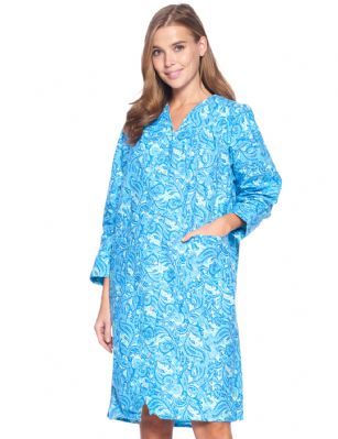 Casual Nights Women's Floral Snap Front Flannel Duster Long Sleeve Lounger Dress - Blue Paisley - Use Our size chart to determine your size, we recommend ordering a larger size for a more relaxed fit, ALLOW SHRINKAGE, Size Medium (2-4) Large (6-8) X-Large (10-12) XX-Large (14-16) XXX-Large (16-18) Lounge at ease in this Casual Nights Flannel Lounger House Dress for Women, designed with a comfortable loose fit style. The Duster Gown features: Long sleeves. V neck with stitching detail. Easy 6 full front snap down closure making it very easy to put on and take off. 2 Large handy patch pockets. Waltz knee length, Length Measures approx. 40 inches. The Casual Nights Modest Lounge robe, is made with durable ultra-soft 100% Cotton fabric, designed to give you that soft and warm touch that feels great against skin. This Ladies house gown Is the perfect choice for new moms lounging around the house in comfort using it as a cover up, in rehab, hospital robe for moms to be or surgery recovery. Makes an Excellent Holiday Gift idea for any special women in your life, for any special occasions such as; Mothers Day, Christmas, or Birthdays! She will sure love it!!!