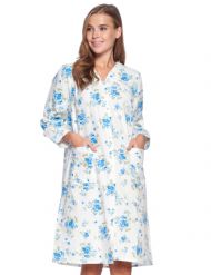 Casual Nights Women's Floral Snap Front Flannel Duster Long Sleeve Lounger Dress - White Blue Floral
