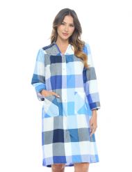 Casual Nights Women's Floral Snap Front Flannel Duster Long Sleeve Lounger Dress - Navy Plaid