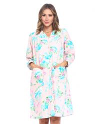 Casual Nights Women's Floral Snap Front Flannel Duster Long Sleeve Lounger Dress - Pink