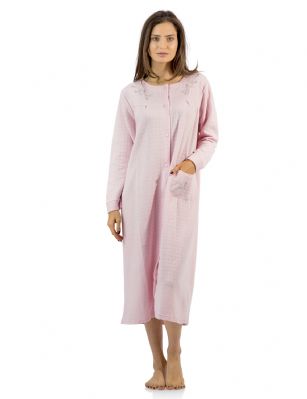 Casual Nights Women's Long Quilted Robe House Dress - Pink - This Long Quilted Lounger Housecoat Robe from Casual Nights, exceptionally lightweight made from cotton blend soft to the touch fabric. Lounge robe  features; long sleeves, quilted detail, embroidered flowers, front hand pocket, 7 easy button front closure makes this lounger easy to wear. Mid-calf length measures approx. 44 Inches. A comfort loose fit style perfect for spas, shower houses, lounging, changing. sleeping and more. 