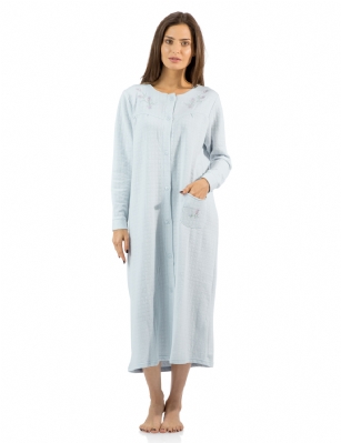 Casual Nights Women's Long Quilted Robe House Dress - Blue - This Long Quilted Lounger Housecoat Robe from Casual Nights, exceptionally lightweight made from cotton blend soft to the touch fabric. Lounge robe  features; long sleeves, quilted detail, embroidered flowers, front hand pocket, 7 easy button front closure makes this lounger easy to wear. Mid-calf length measures approx. 44 Inches. A comfort loose fit style perfect for spas, shower houses, lounging, changing. sleeping and more. 