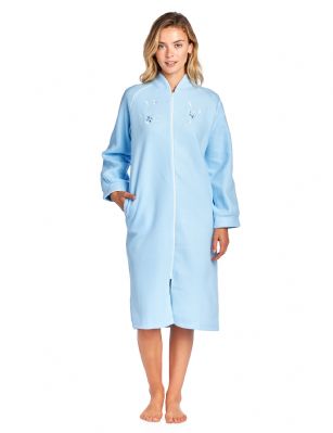 Casual Nights Women's Zip Up Front Long Fleece Robe House Dress - Blue - This cozy warm Zipper Front Fleece Robe from Casual Nights, Exceptionally lightweight bathrobe made from poly fleece smooth to the touch fabric. Housecoat features; Raglan style long sleeves, piping trim, flower embroidery appliques, front zip closure measures 28.5" inches makes the shower robe easy to wear. Measures approx. 44" from shoulder to hem. Perfect for spas, shower houses, dorms, pools, gyms, bathrooms, lounging, changing and more. Excellent Gift Idea.