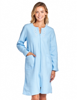 Casual Nights Women's Long Sleeve Zip Up Front Short Fleece Robe - Blue - This cozy warm Zipper Front Fleece Robe from Casual Nights, Exceptionally lightweight bathrobe made from poly fleece smooth to the touch fabric. Housecoat features; Long sleeves, stitching detail, flower embroidery appliques, front zip closure measures 28" inches makes the shower robe easy to wear. Measures approx. 39" from shoulder to hem. Perfect for spas, shower houses, dorms, pools, gyms, bathrooms, lounging, changing and more. Excellent Gift Idea.